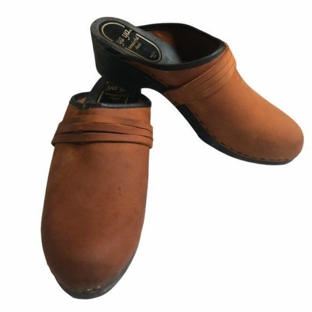 Vintage Yaya Ya Ya Wonderful Shoes Clogs Suede Leather Brown Sz 8.5 Made In USA